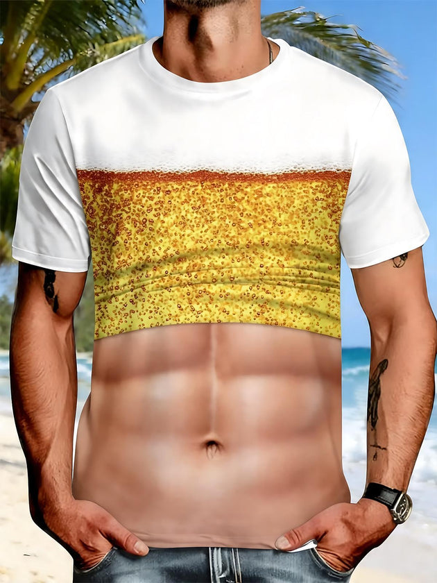 Men's funny beer abdominal print short sleeve graphic t-shirt front view