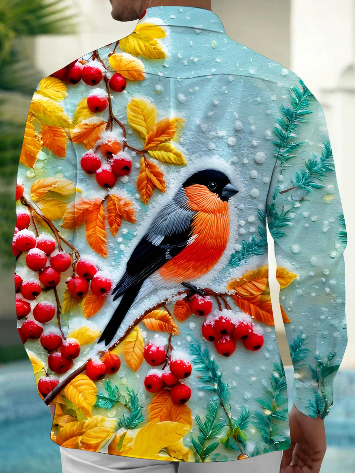 Winter Snow Scene Bird Men's Pocket Long Sleeve Shirts