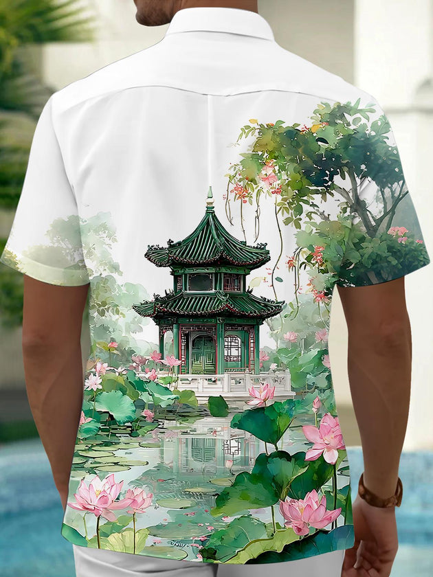 Courtyard Lotus Men's Pocket Short Sleeve Shirts