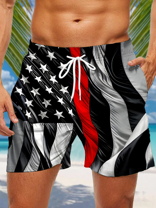 Men's American flag print casual shorts front view for Independence Day