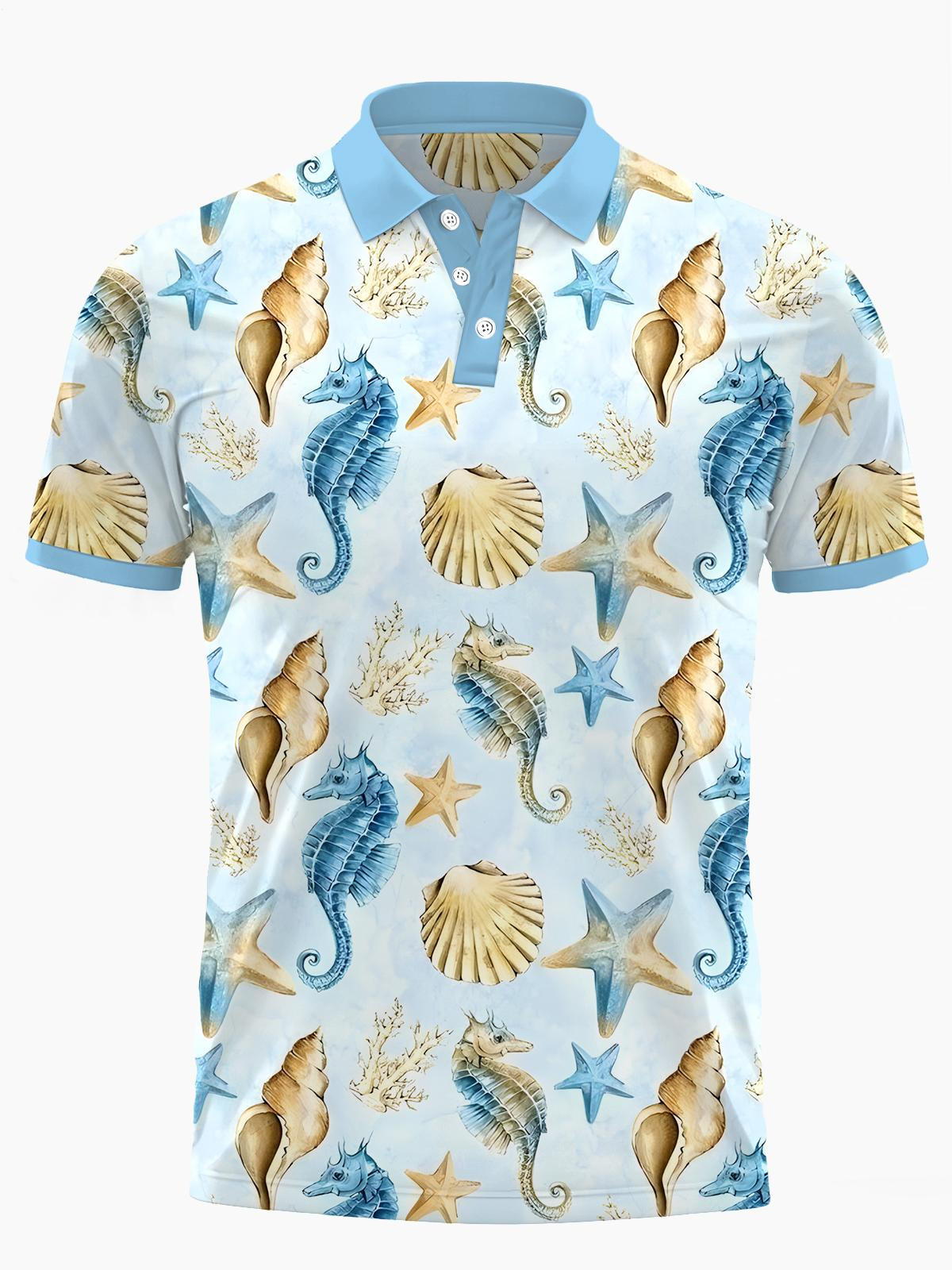 Marine Life Print Men's Short Sleeve Button Polo Shirt