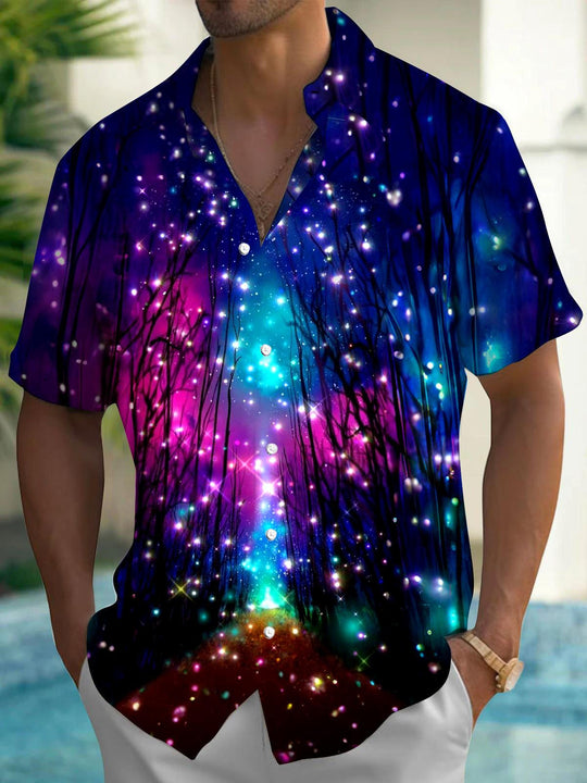 Men's green patterned short sleeve shirt front view tropical beach vacation
