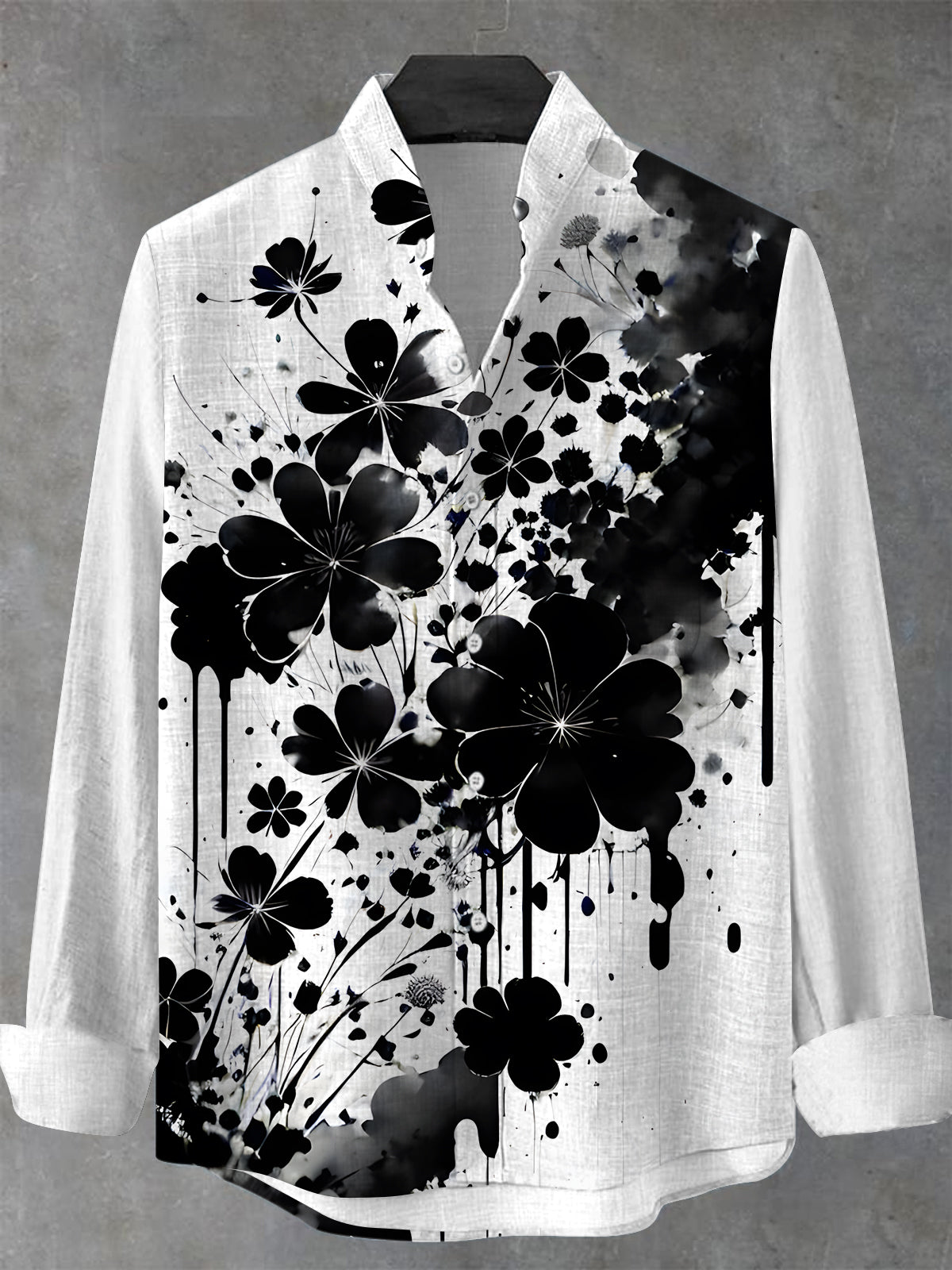 Ink Floral Men's Pocket Long Sleeve Stand Collar Shirts