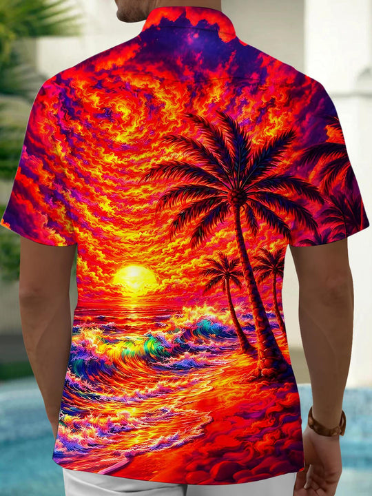 Men's tropical Hawaiian coconut tree pocket short sleeve shirt back view