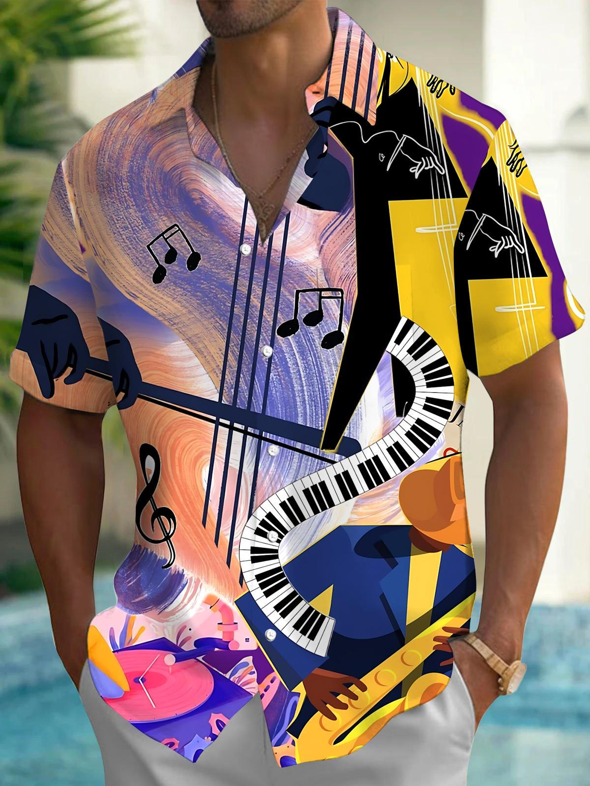 Musical Print Men's Pocket Short Sleeve Shirts