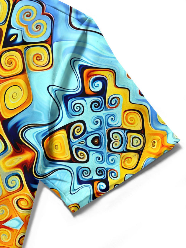 men abstract print short sleeve shirt close-up detail view