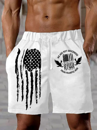 Men's American flag print casual shorts front view for Independence Day