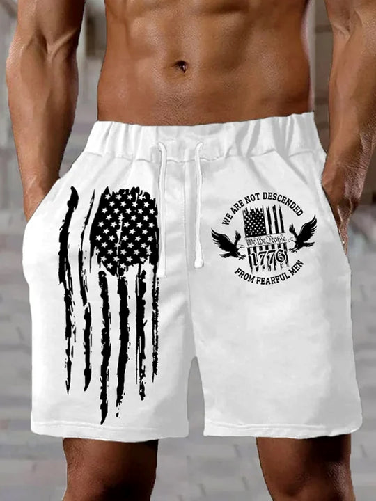 Men's American flag print casual shorts front view for Independence Day