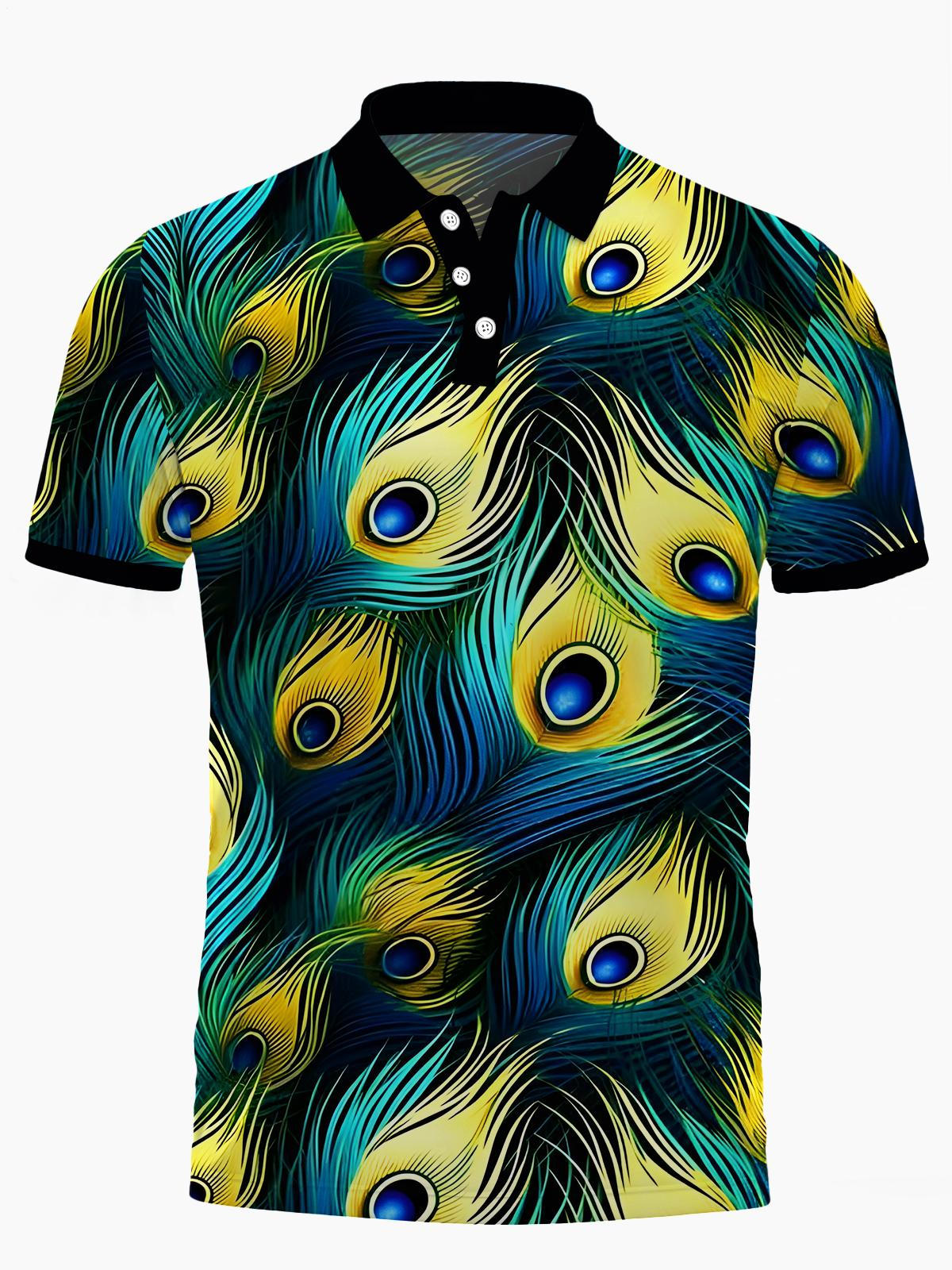 Peacock Feather Print Men's Short Sleeve Button Polo Shirt