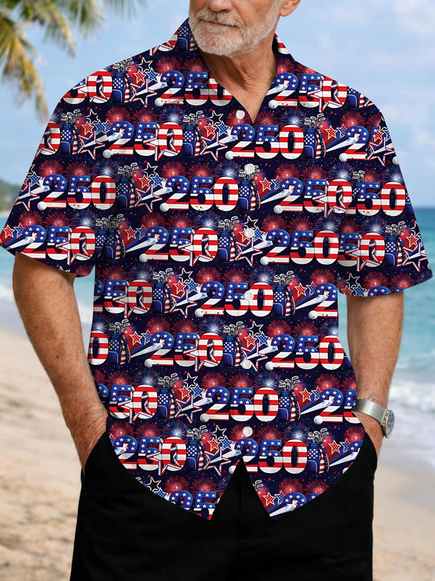 Men's American 250th Anniversary print short sleeve shirt front view