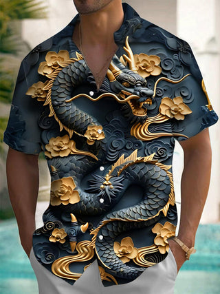 Men's black dragon flower art print short sleeve shirt front view