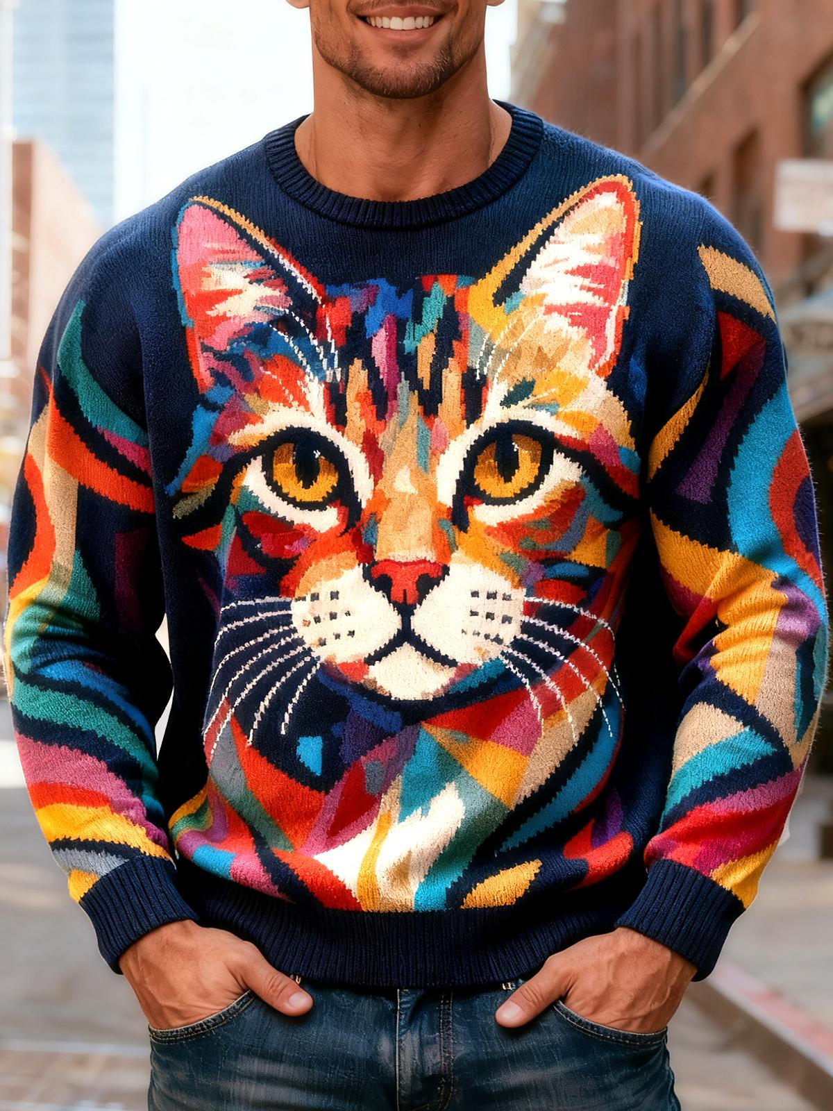 Animal Cat Men's Long Sleeve Round Neck Tops