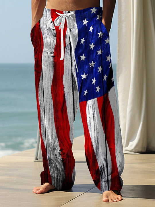 Men's American flag print casual elastic waist pants front view for Independence Day