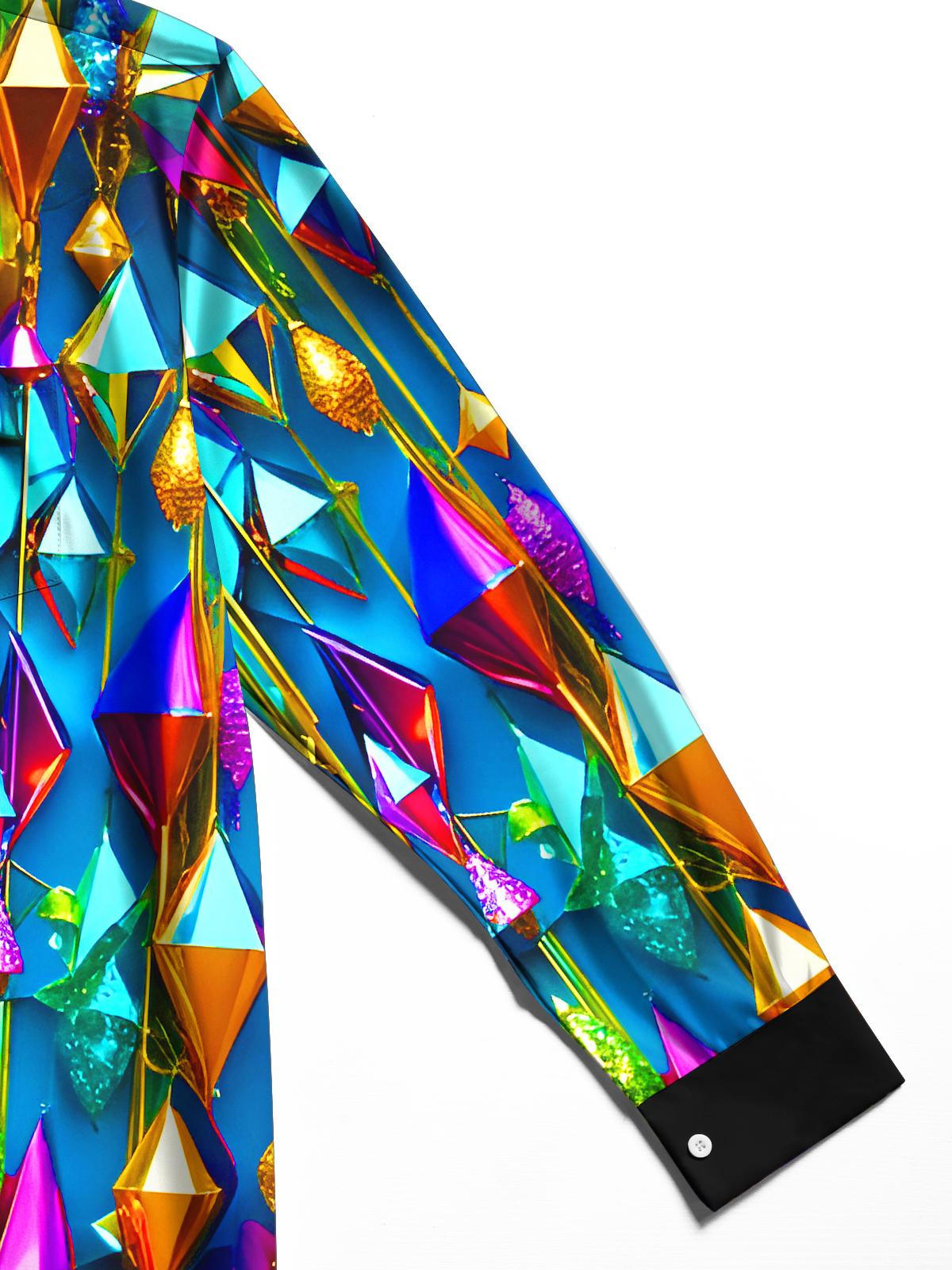 Shiny Colorful Metallic-textured Geometric Pyramids Men's Pocket Long Sleeve Shirts