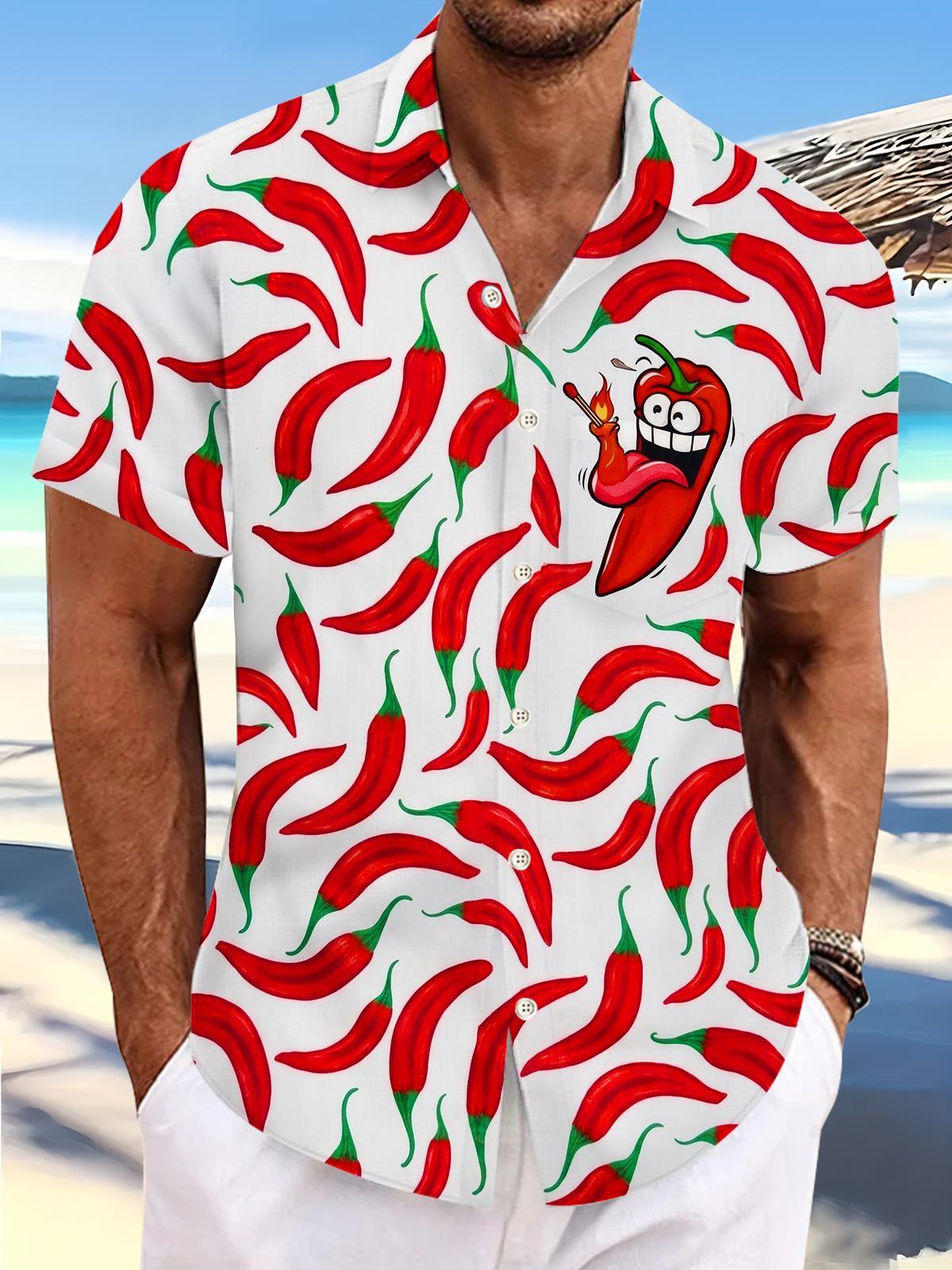 Cartoon Red Chili Fun FoodMen's Pocket Short Sleeve Shirts