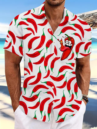 Cartoon Red Chili Fun FoodMen's Pocket Short Sleeve Shirts