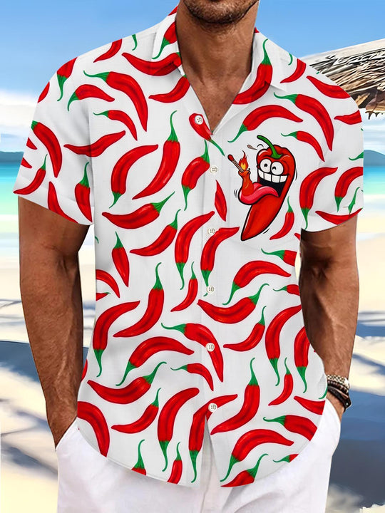 Cartoon Red Chili Fun FoodMen's Pocket Short Sleeve Shirts