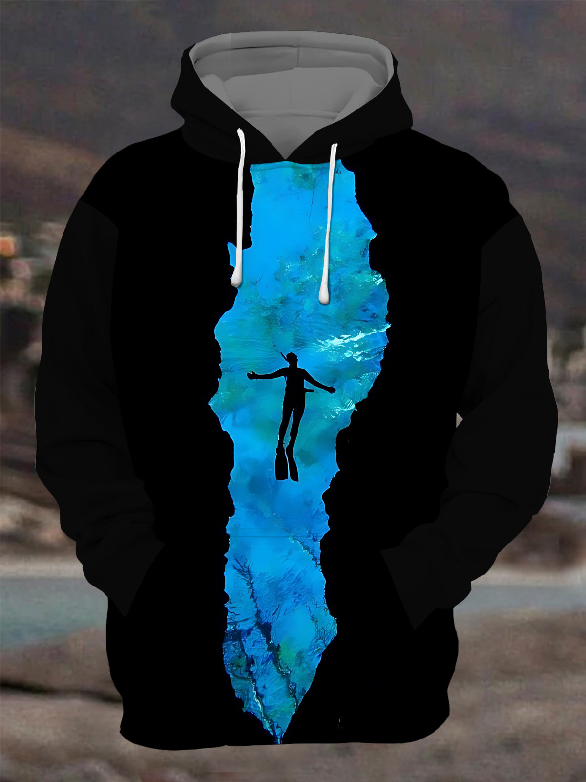 Diver Print Men's Long Sleeve Printing Pocket Hooded Sweatshirt