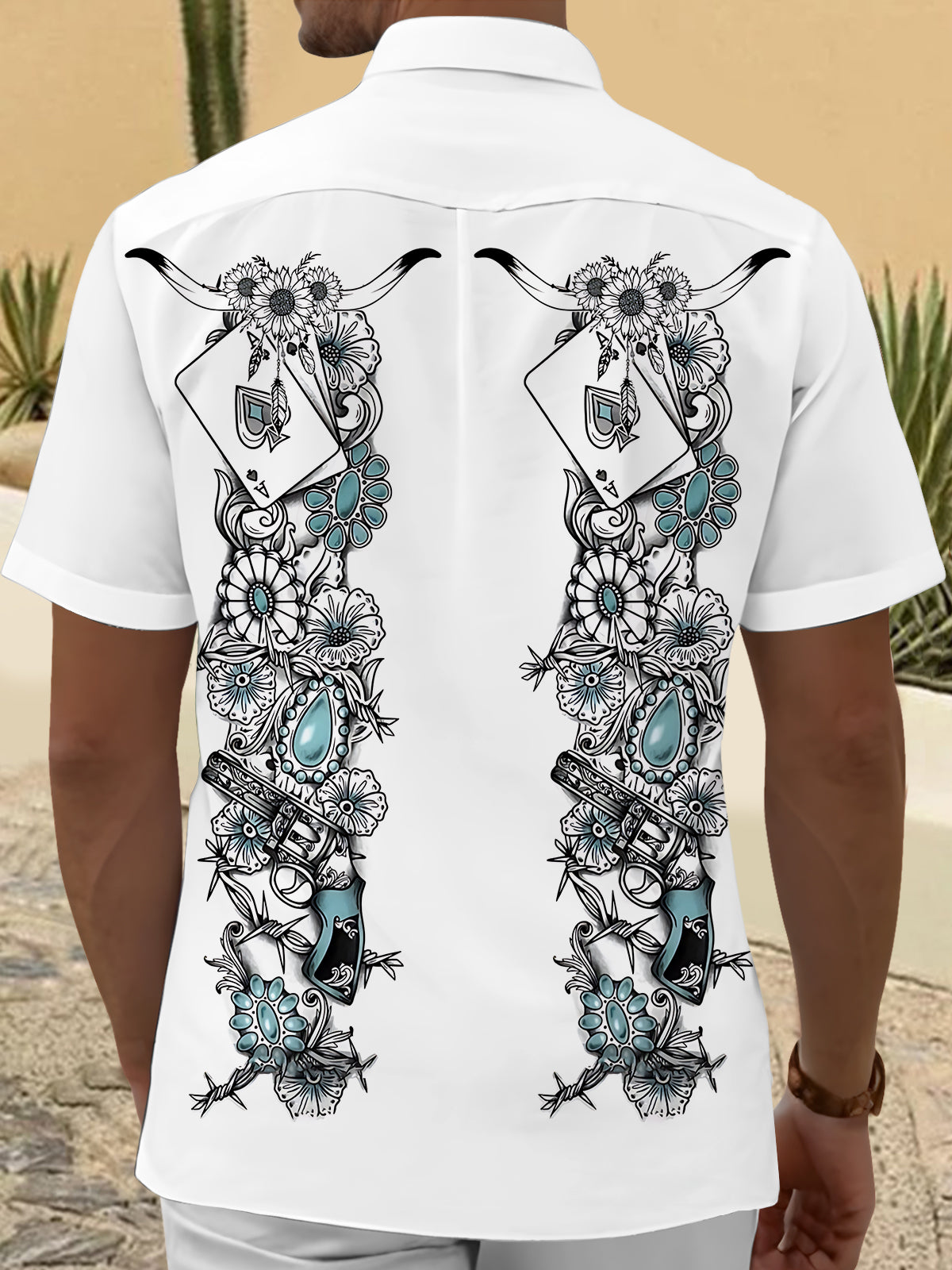 Western Cowboy Flower Playing Card Turquoise Print Men's Pocket Short Sleeve Shirts