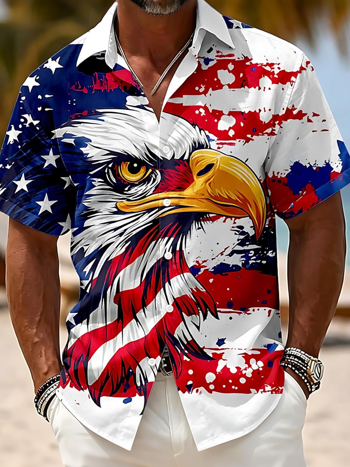 Independence Day American Flag Eagle Print Men's Pocket Short Sleeve Shirts