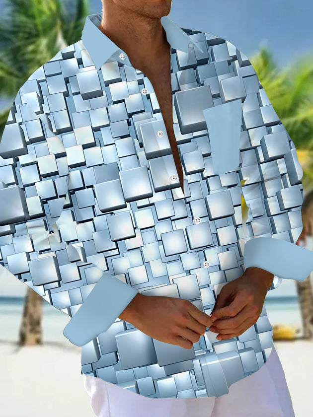 Men's Geometric Square Print Long Sleeve Shirt Front View