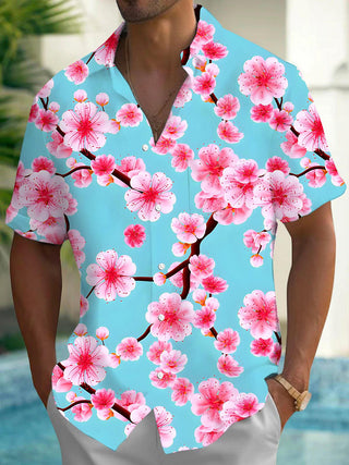 Men's blue floral short sleeve Hawaiian shirt front view for tropical beach vacation