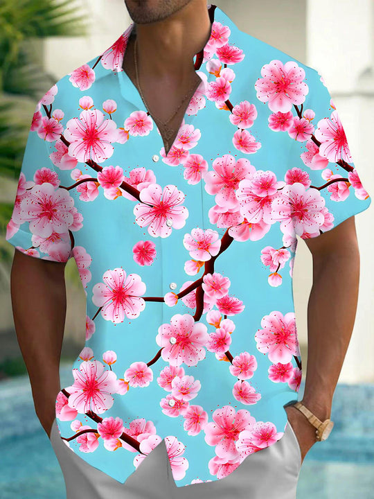 Men's blue floral short sleeve Hawaiian shirt front view for tropical beach vacation