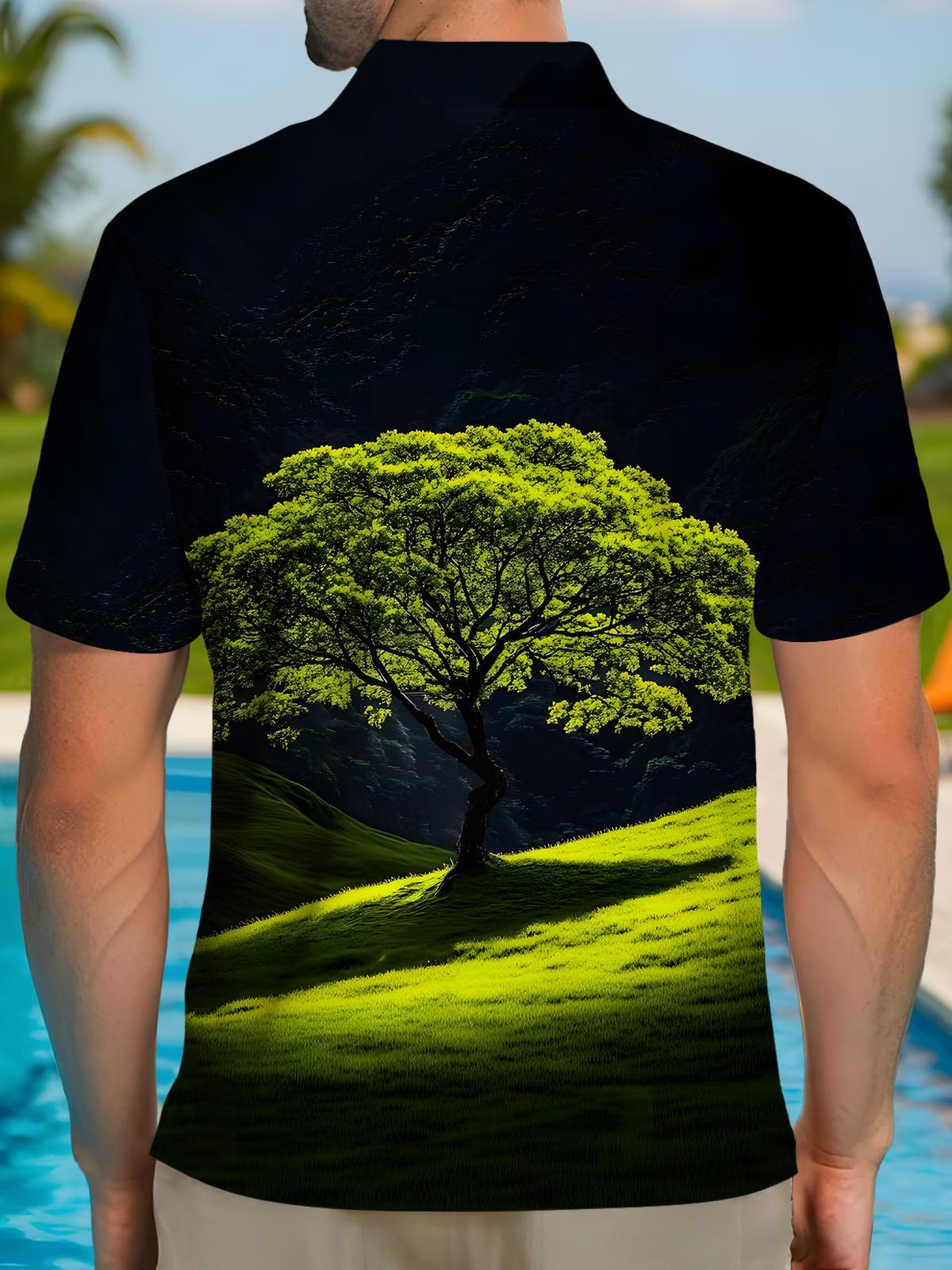 Tree Print Men's Short Sleeve Button Polo Shirt