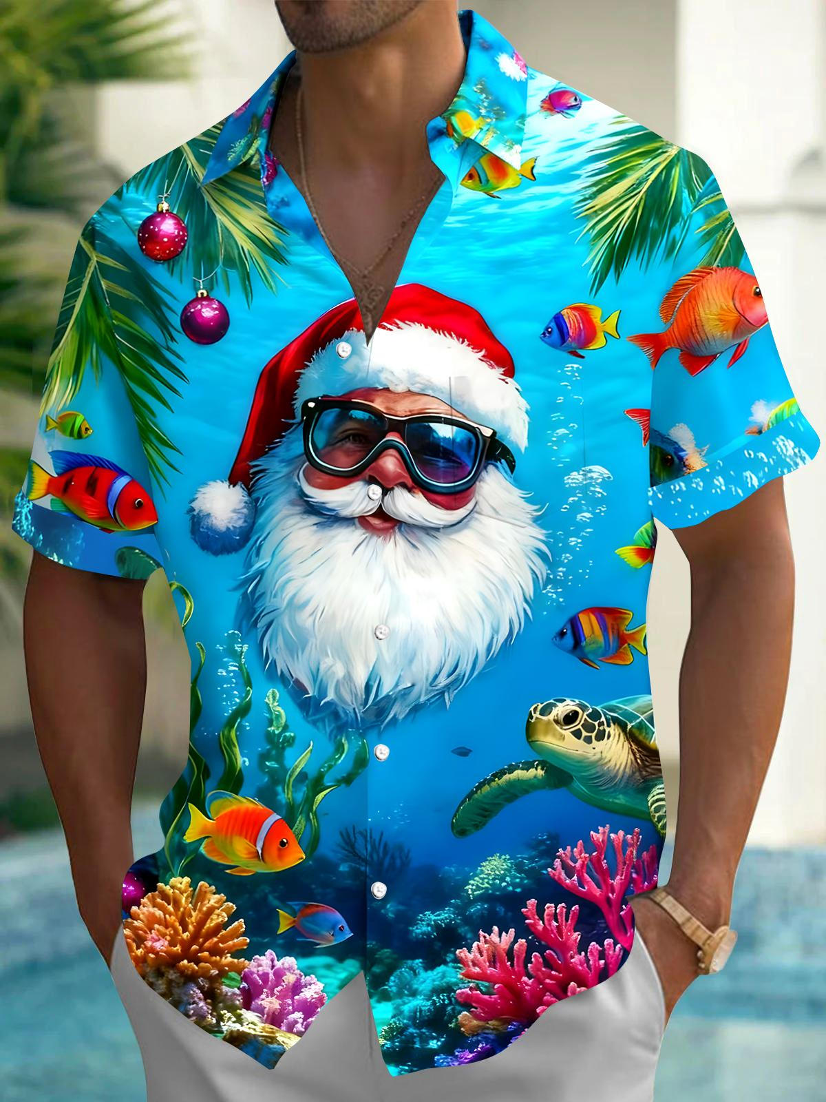 Santa Claus Ocean World Men's Pocket Short Sleeve Shirts