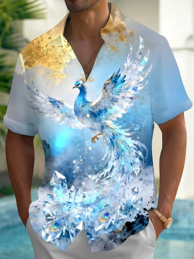 men's peacock print shirt front view
