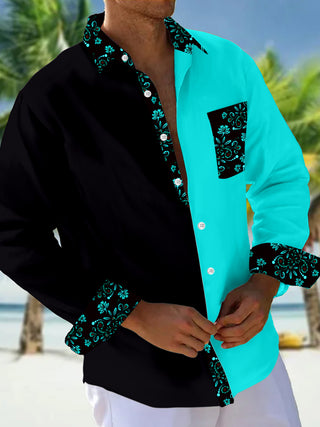 Men's Color Block Floral Long Sleeve Shirt Front View