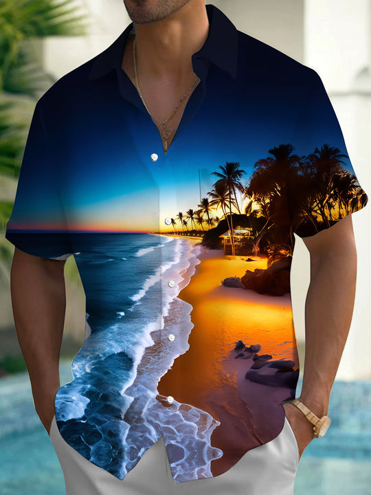 Men's Hawaiian patterned short sleeve shirt front view for beach vacation