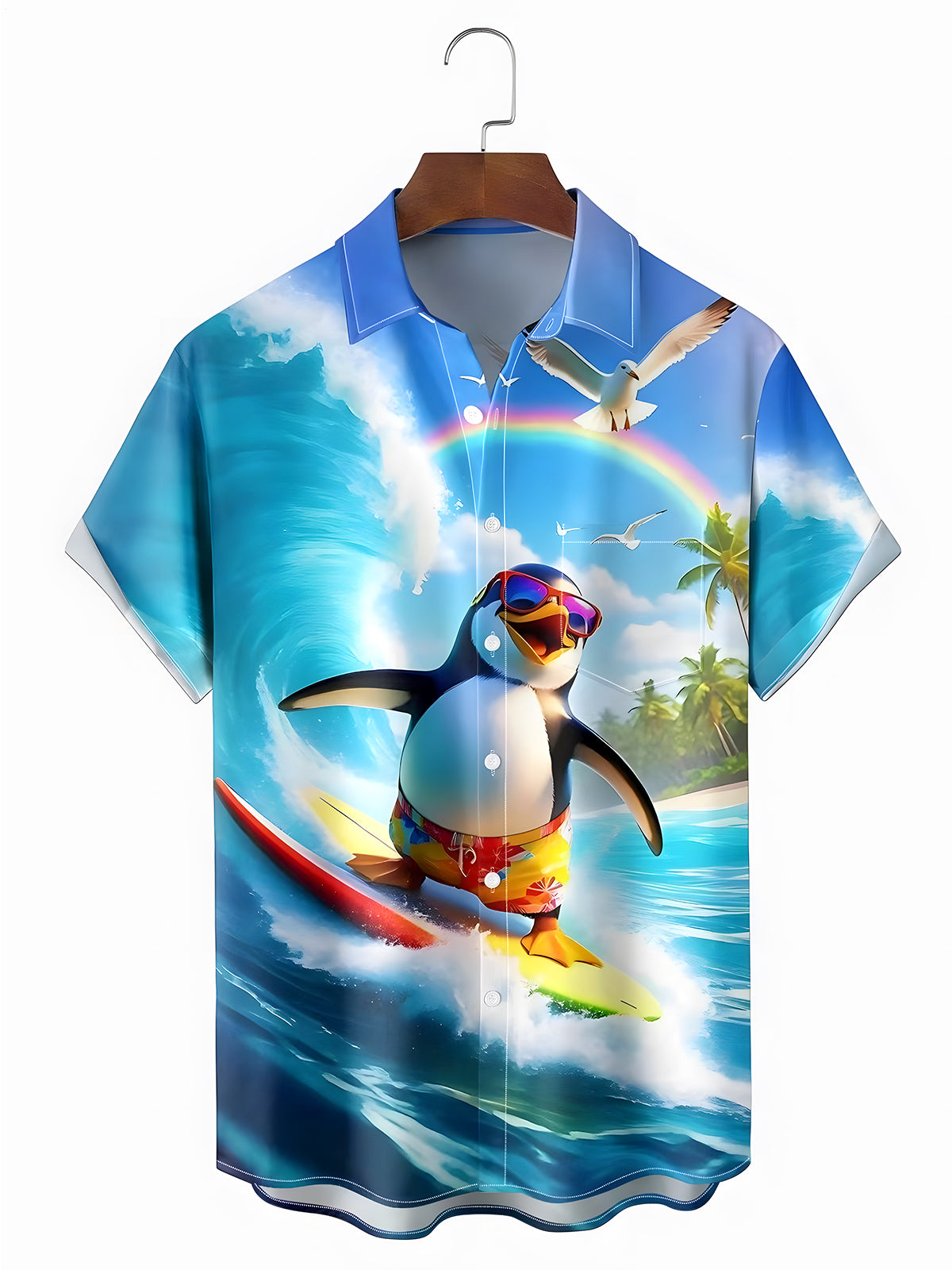 Hawaiian Penguin Surfing Men's Pocket Short Sleeve Shirts