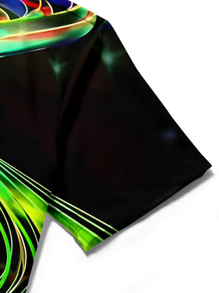 Men abstract print short sleeve shirt stitching detail close-up view