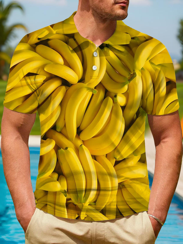 Men's Banana Print Short Sleeve Button Polo Shirt Front View