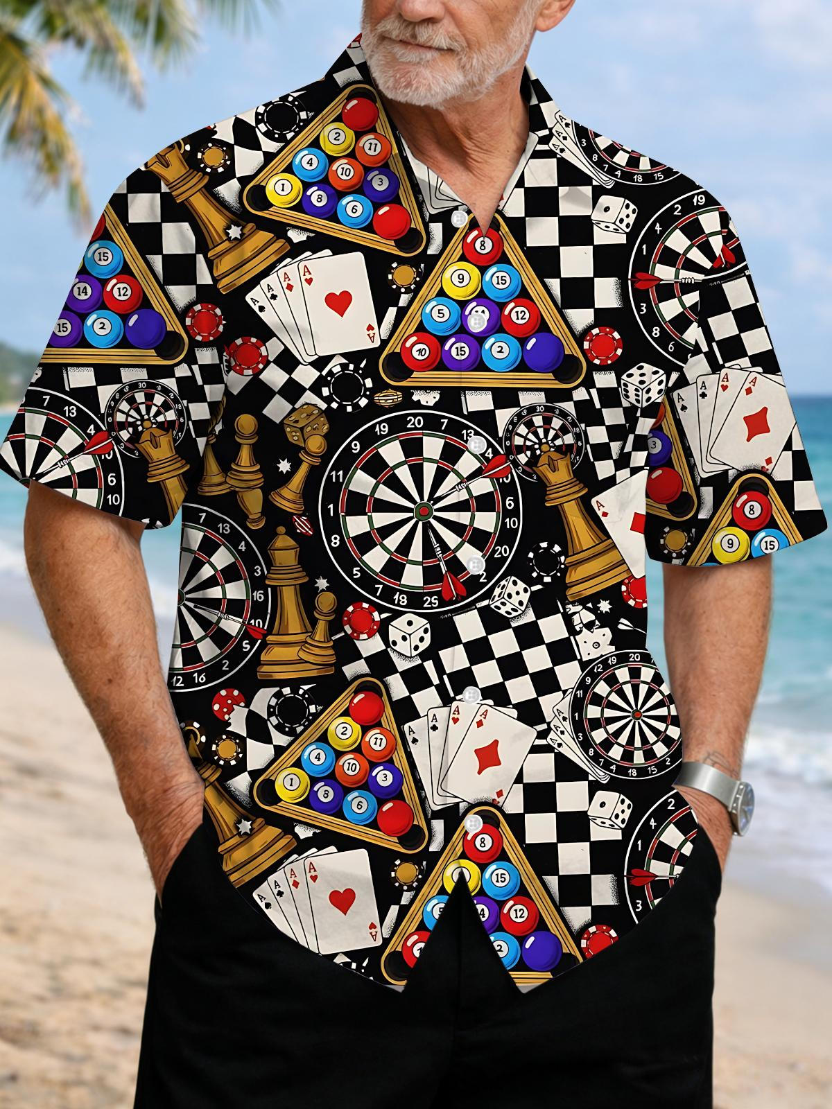 Billiards Poker Darts Chess Print Men's Pocket Short Sleeve Shirts