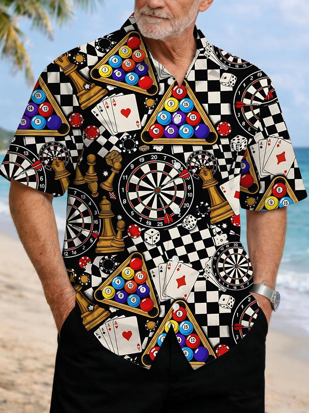 Men's billiards poker darts chess print short sleeve shirt front view