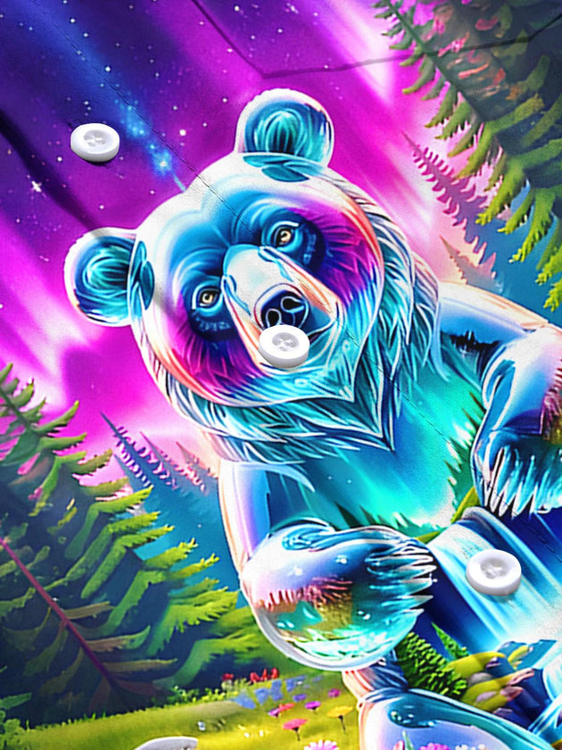 Men's Bear Aurora Forest pattern pocket short sleeve shirt flat lay