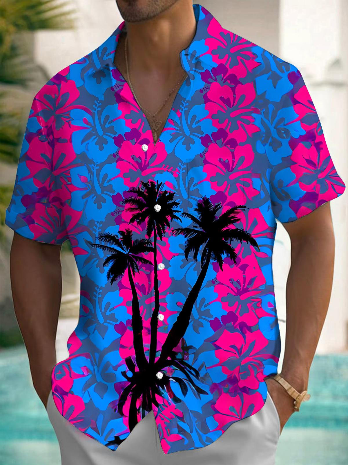 Coconut Tree Floral Print Men's Pocket Short Sleeve Shirts