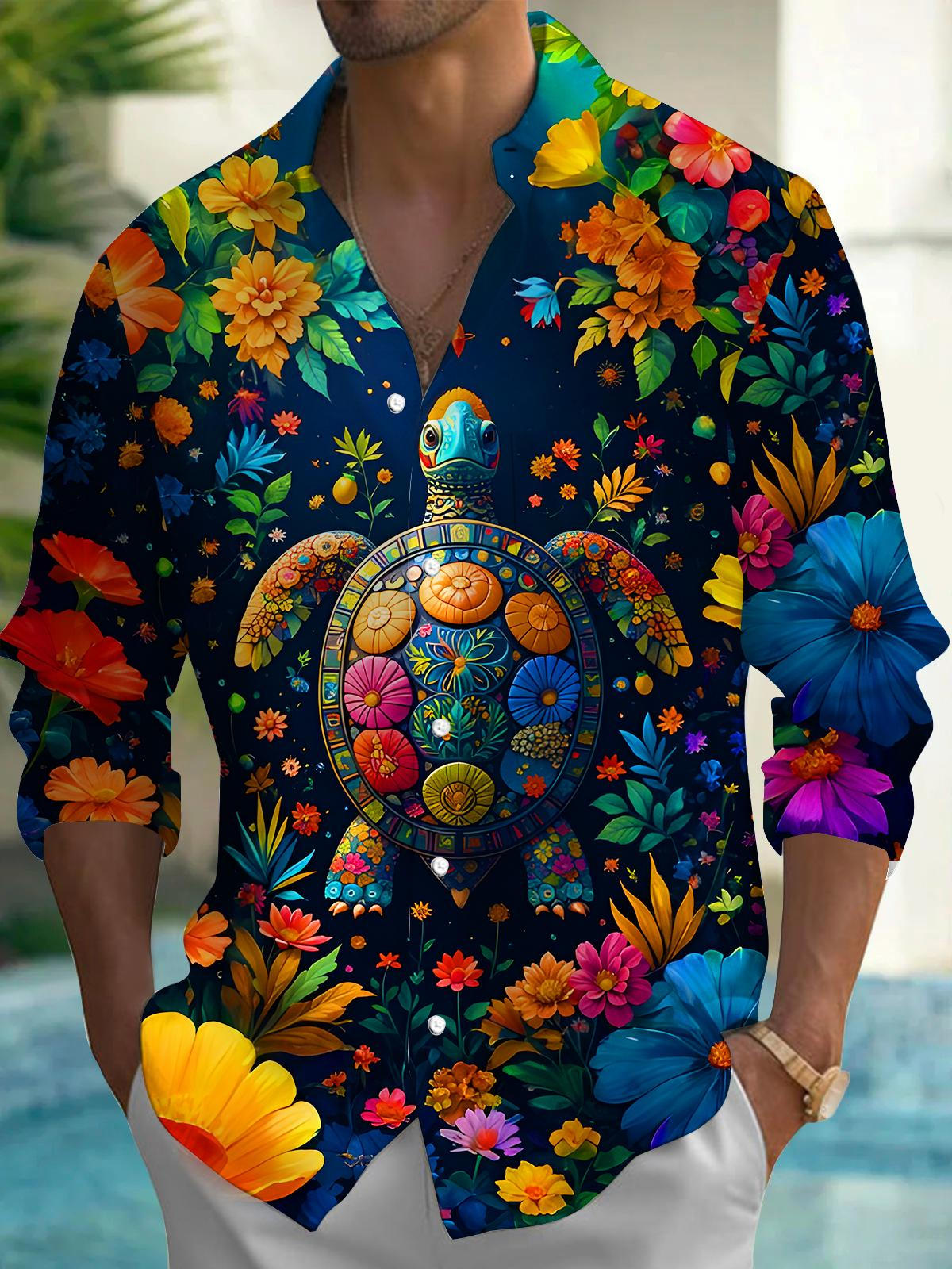 Sea Turtle Floral Men's Pocket Long Sleeve Shirts