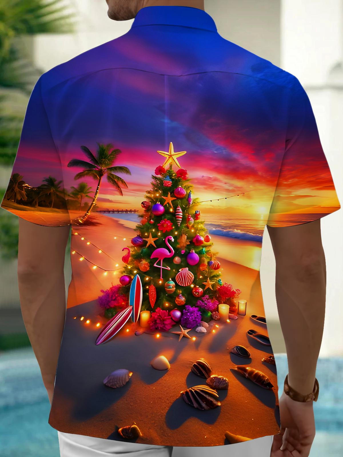 Hawaiian Coconut Trees Christmas Trees Flamingos Sunset Beach Xmas Men's Pocket Short Sleeve Shirts