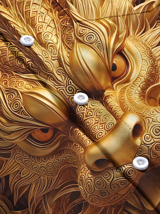 Men's golden dragon print close-up flat lay short sleeve shirt
