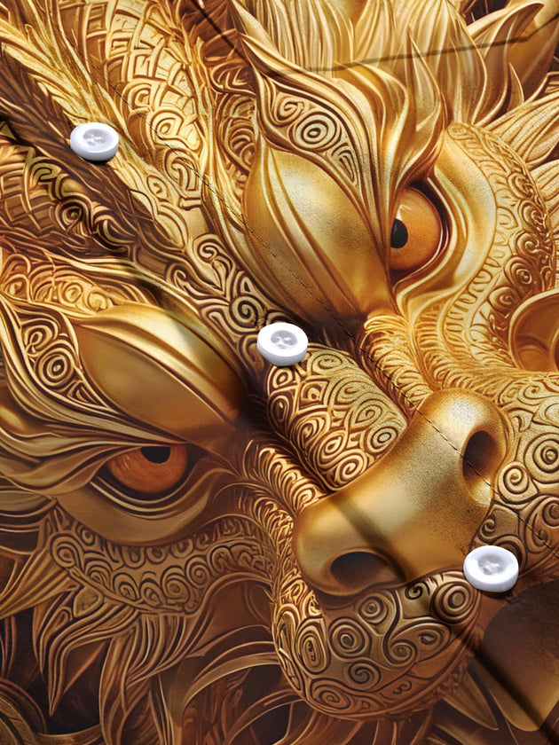 Men's golden dragon print close-up flat lay short sleeve shirt