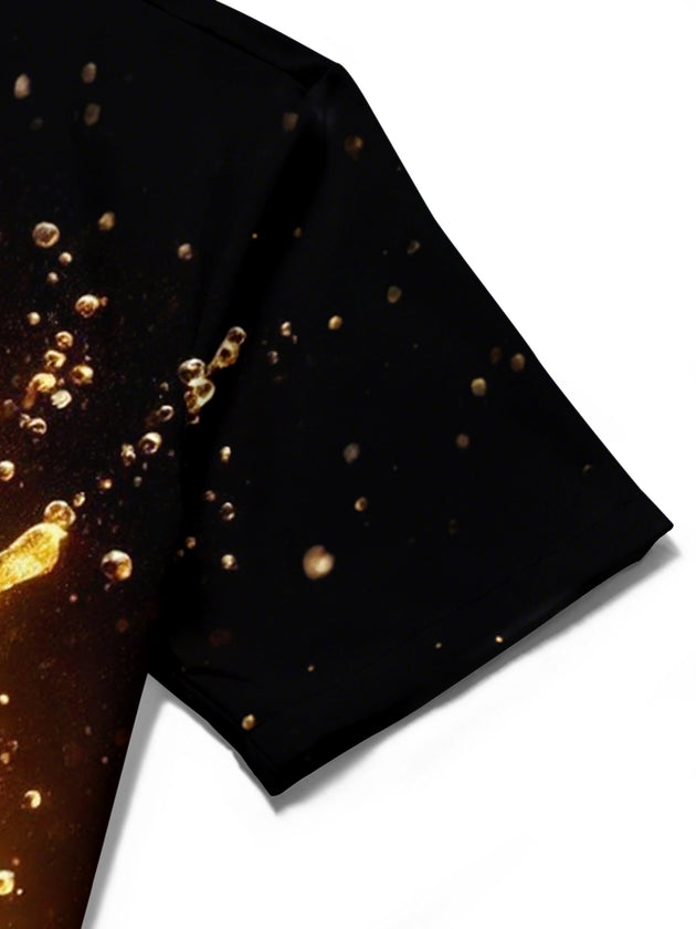 Men's beer print pocket short sleeve shirt detail close-up showing fabric texture and stitching