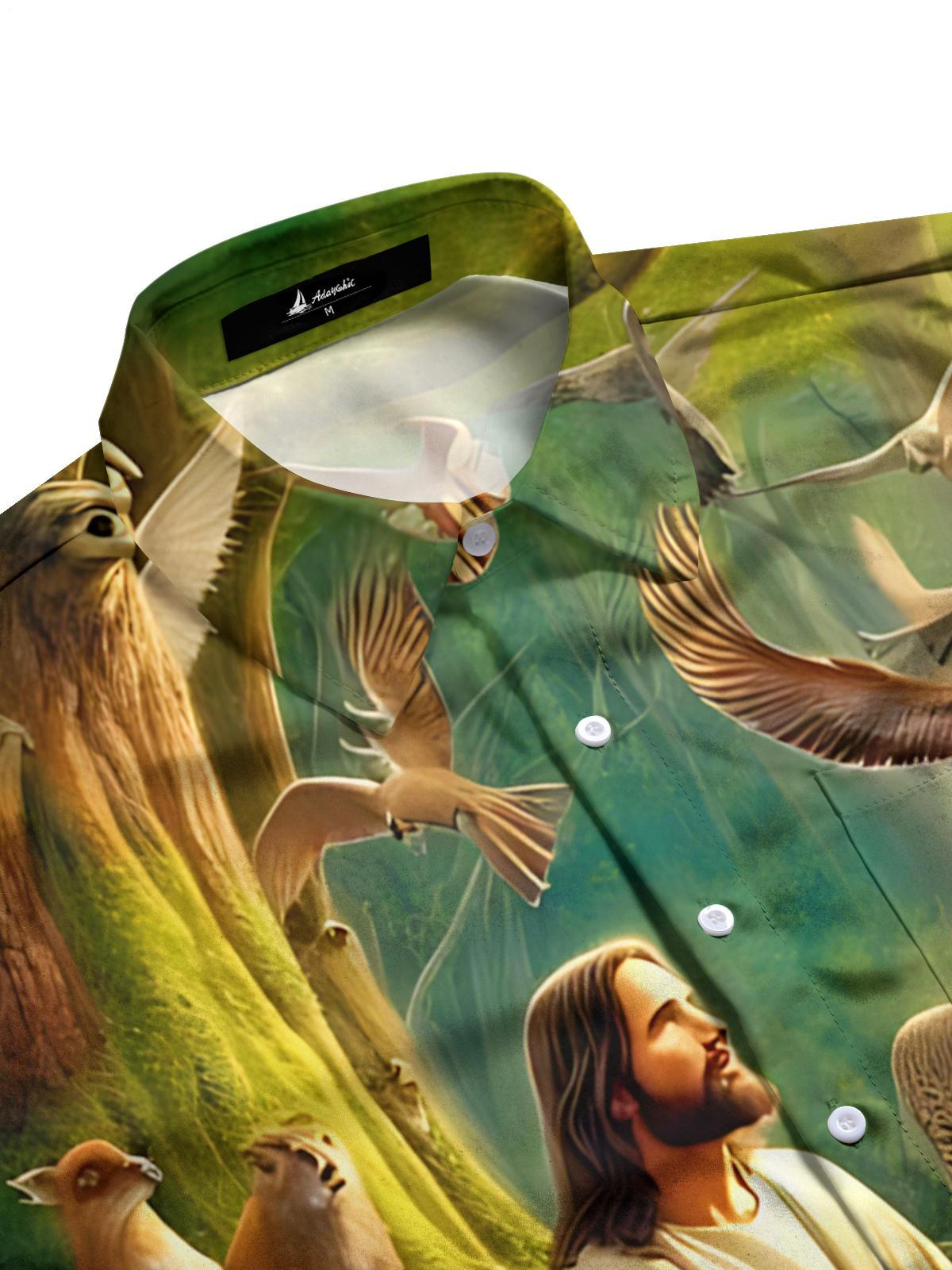 Forest Jesus Animal Print Men's Pocket Long Sleeve Shirts