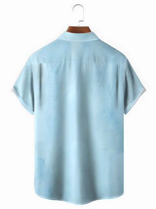 Men's blue Hawaiian print short sleeve shirt back view