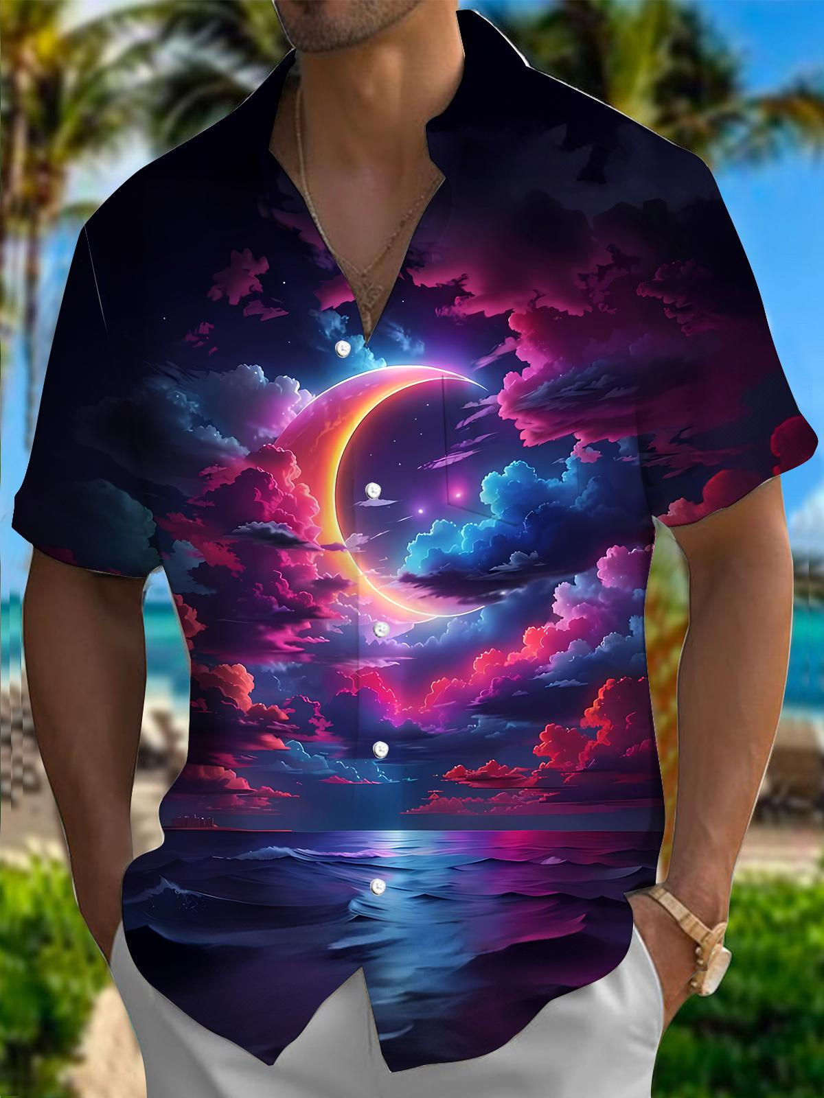 Moon Cloud Print Men's Pocket Short Sleeve Shirts