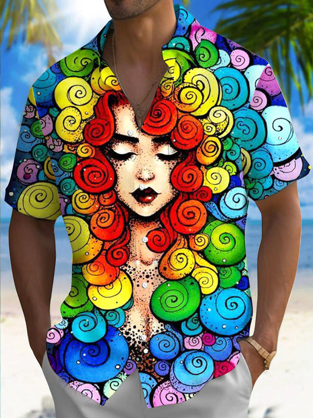 Men's short sleeve shirt with face art print, front view