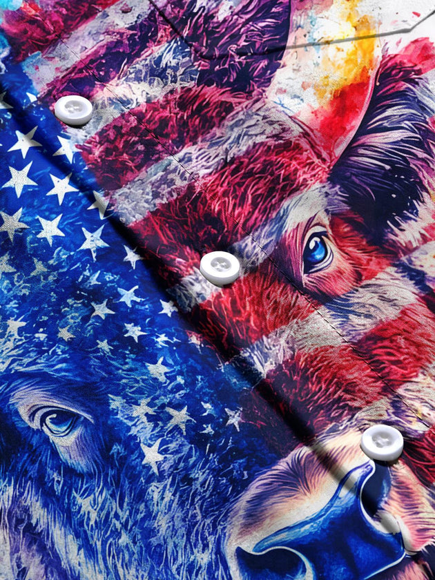 Men's patriotic cow head print short sleeve shirt flat lay pattern detail