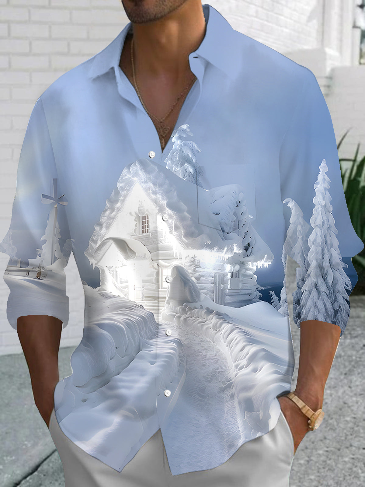 Christmas Snow House Men's Pocket Long Sleeve Shirts